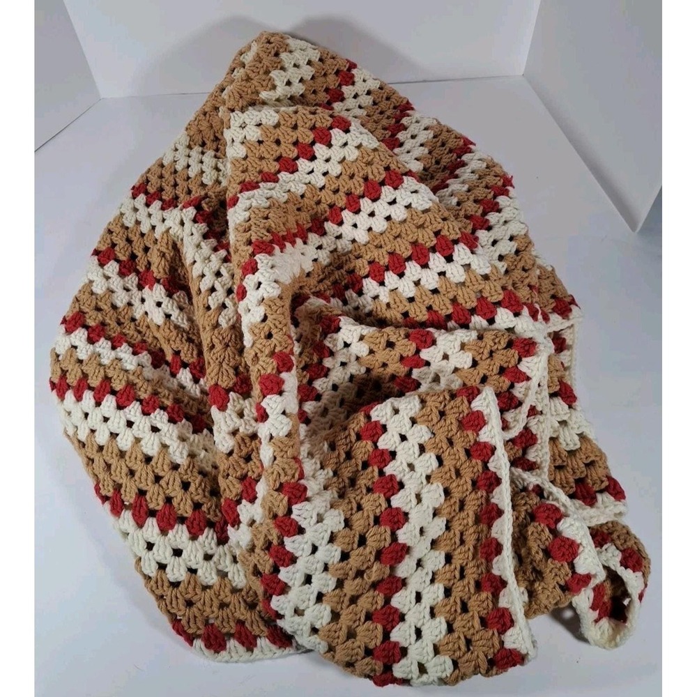 VTG Handmade Crochet‎ Throw Blanket Granny Stitch Tan Cream Red Striped Afghan